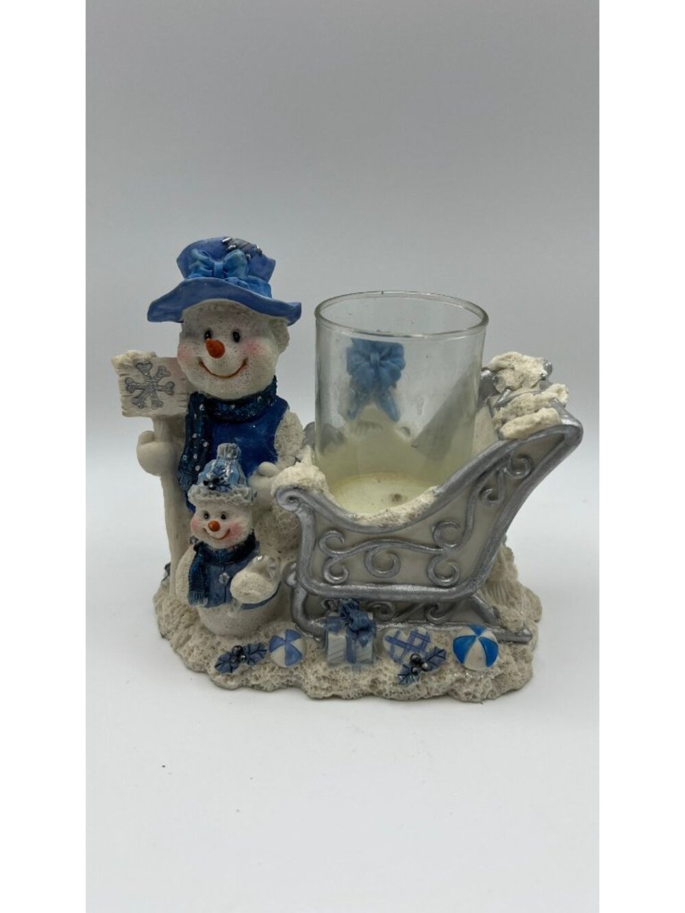 Frosty Snowman Blue & White Candle Holder Figurine Winter Decor